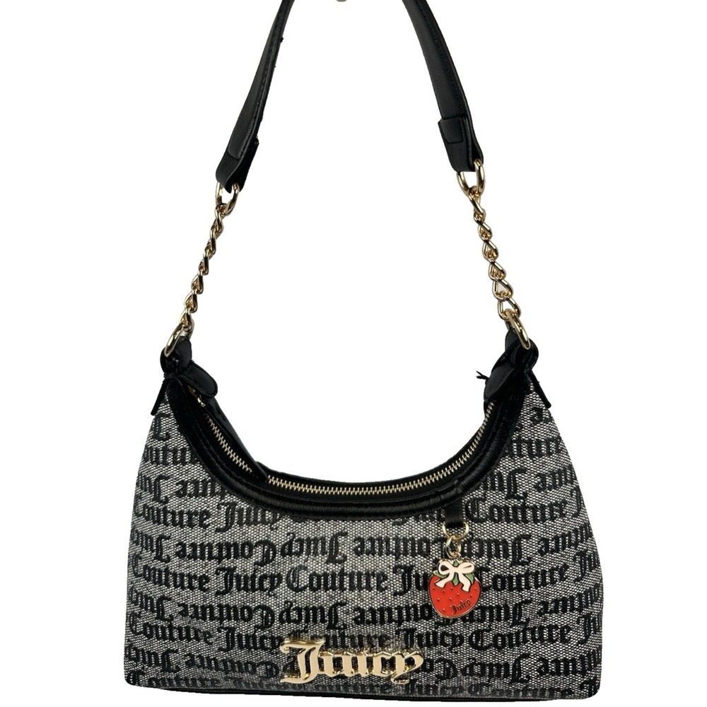 Juicy Couture Berry Sweet Hobo Bag Black Beige Logo Stawberry Charm NWT